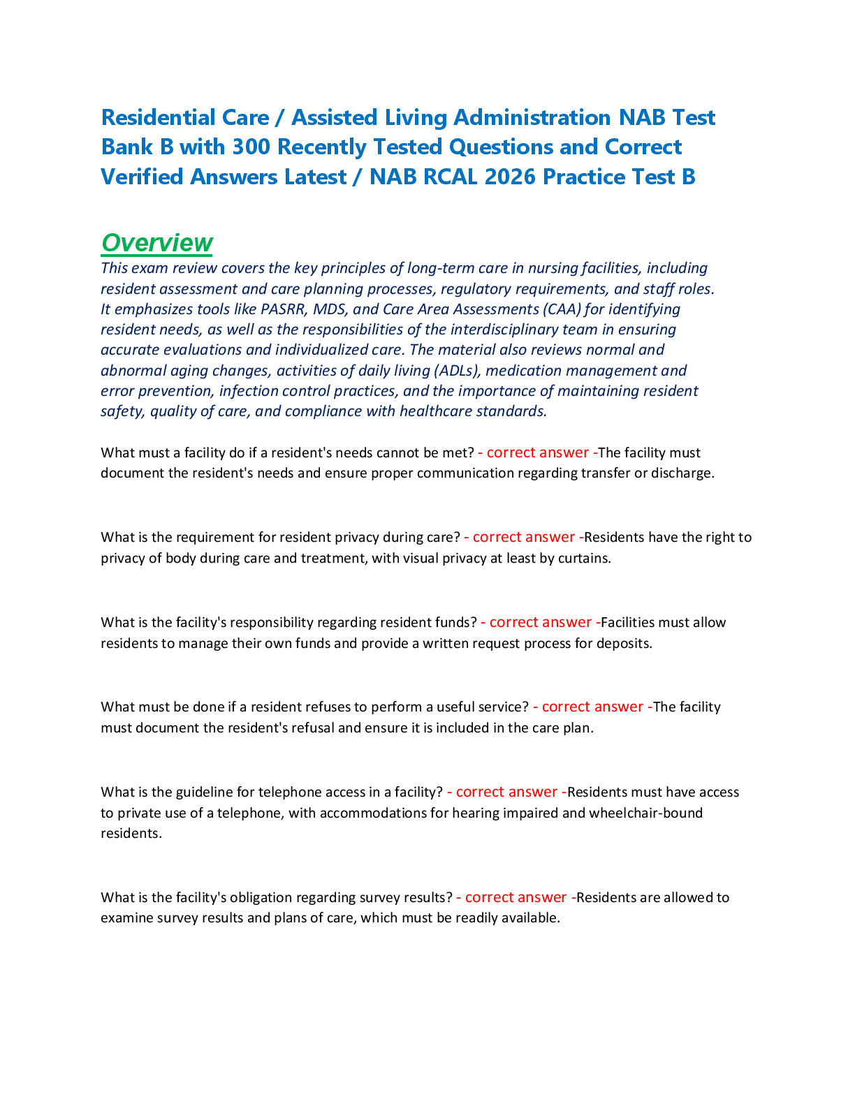 Recommended document preview for Residential Care / Assisted Living Administration NAB Test  Bank B with 300 Recently Tested Questions and Correct  Verified Answers Latest / NAB RCAL 2026 Practice Test B