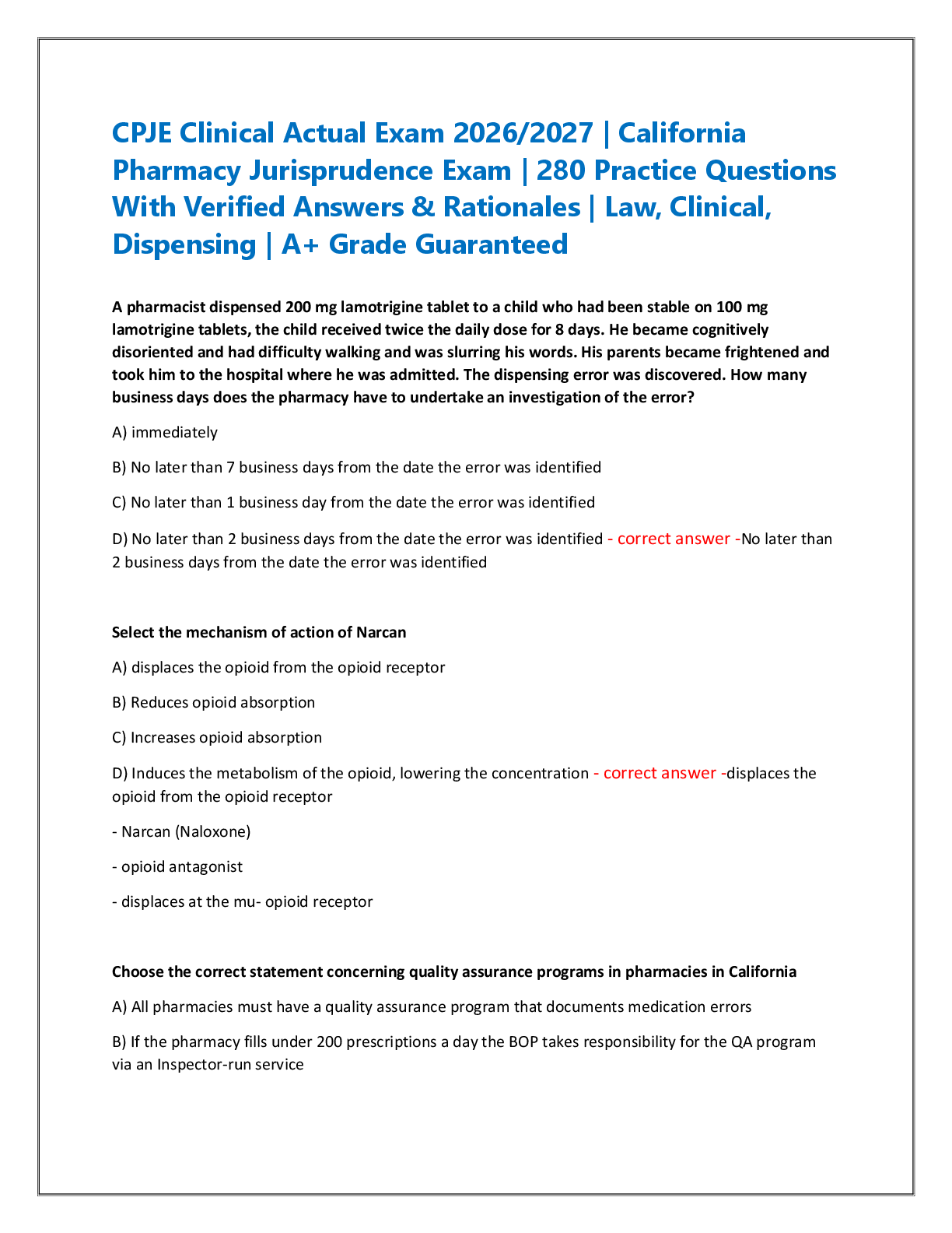 Recommended document preview for CPJE Clinical Actual Exam 2026/2027 | California  Pharmacy Jurisprudence Exam | 280 Practice Questions  With Verified Answers & Rationales | Law, Clinical,  Dispensing | A+ Grade Guaranteed