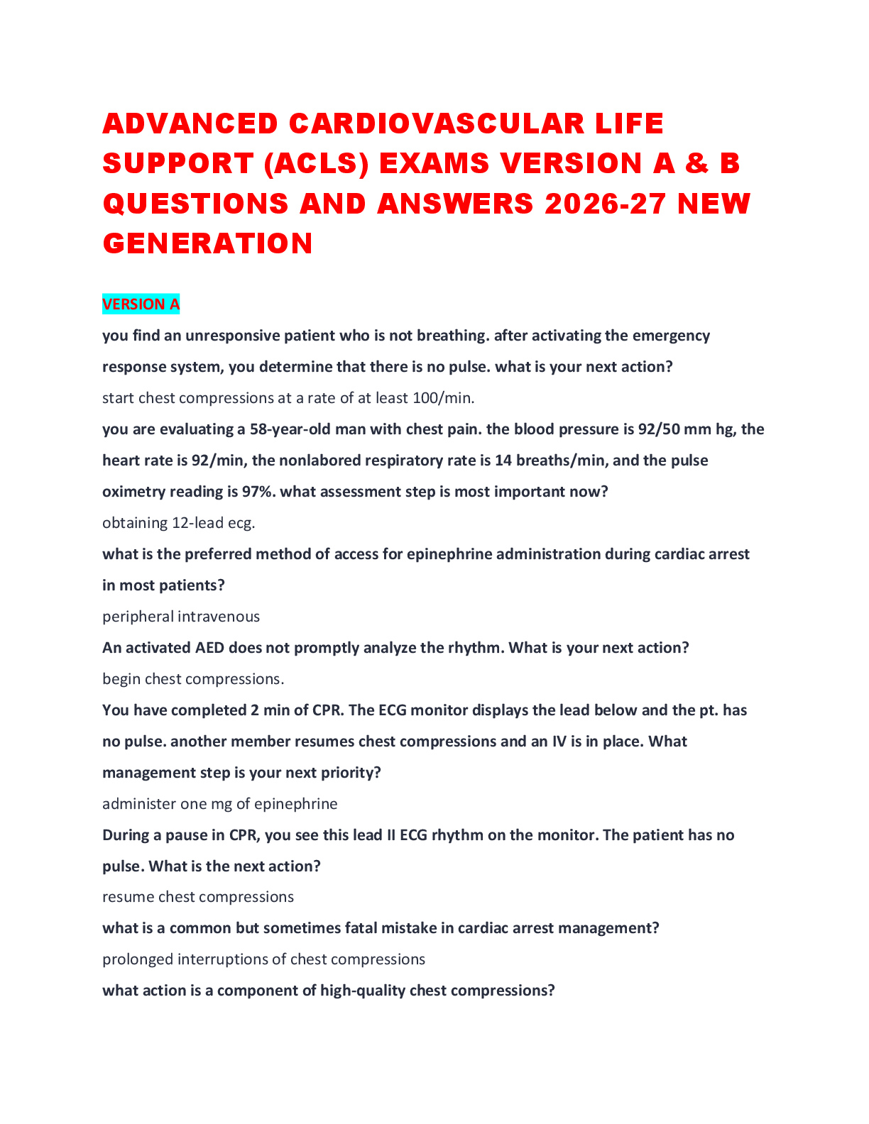 Preview of ADVANCED CARDIOVASCULAR LIFE SUPPORT (ACLS) EXAMS VERSION A & B QUESTIONS AND ANSWERS 2026-27 NEW GENERATION