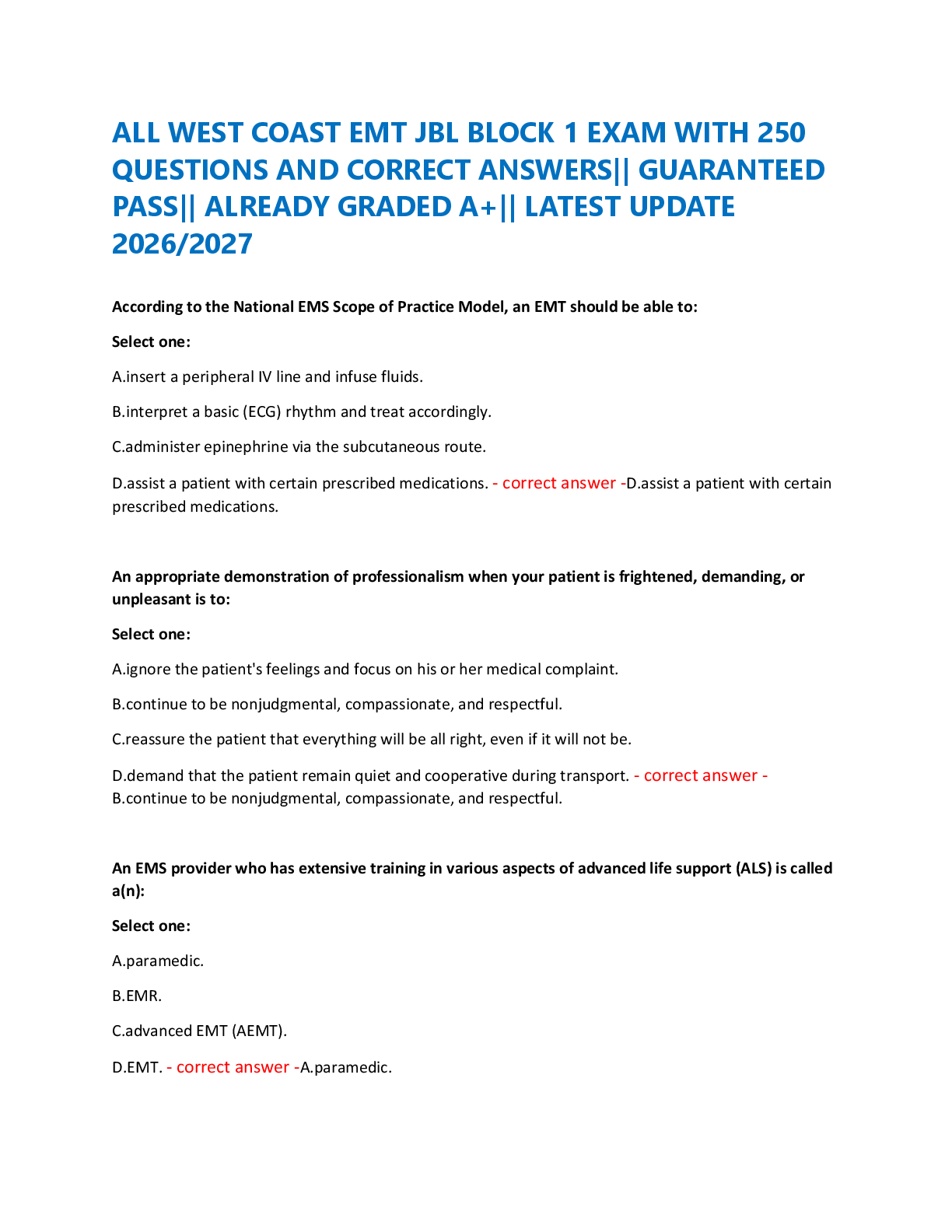 Recommended document preview for ALL WEST COAST EMT JBL BLOCK 1 EXAM WITH 250  QUESTIONS AND CORRECT ANSWERS|| GUARANTEED  PASS|| ALREADY GRADED A+|| LATEST UPDATE  2026/2027