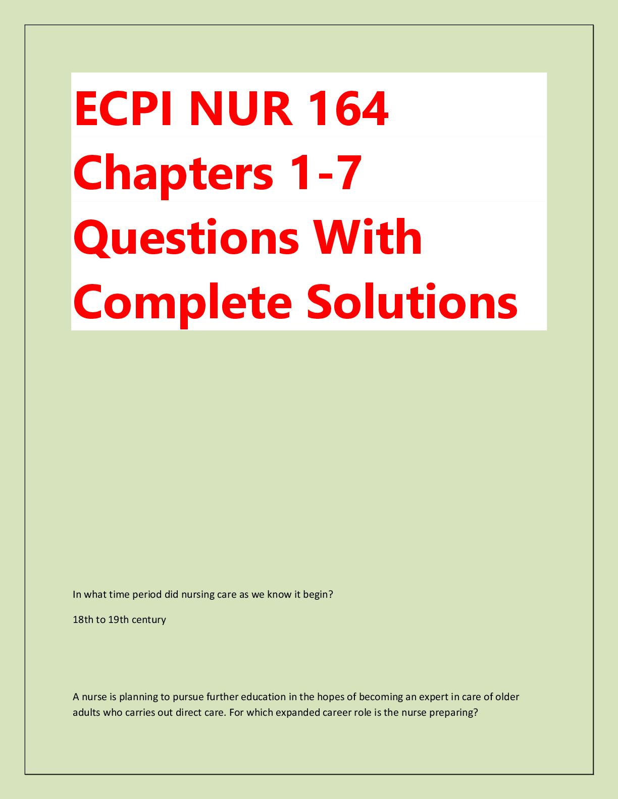 Recommended document preview for ECPI NUR 164  Chapters 1-7  Questions With  Complete Solutions