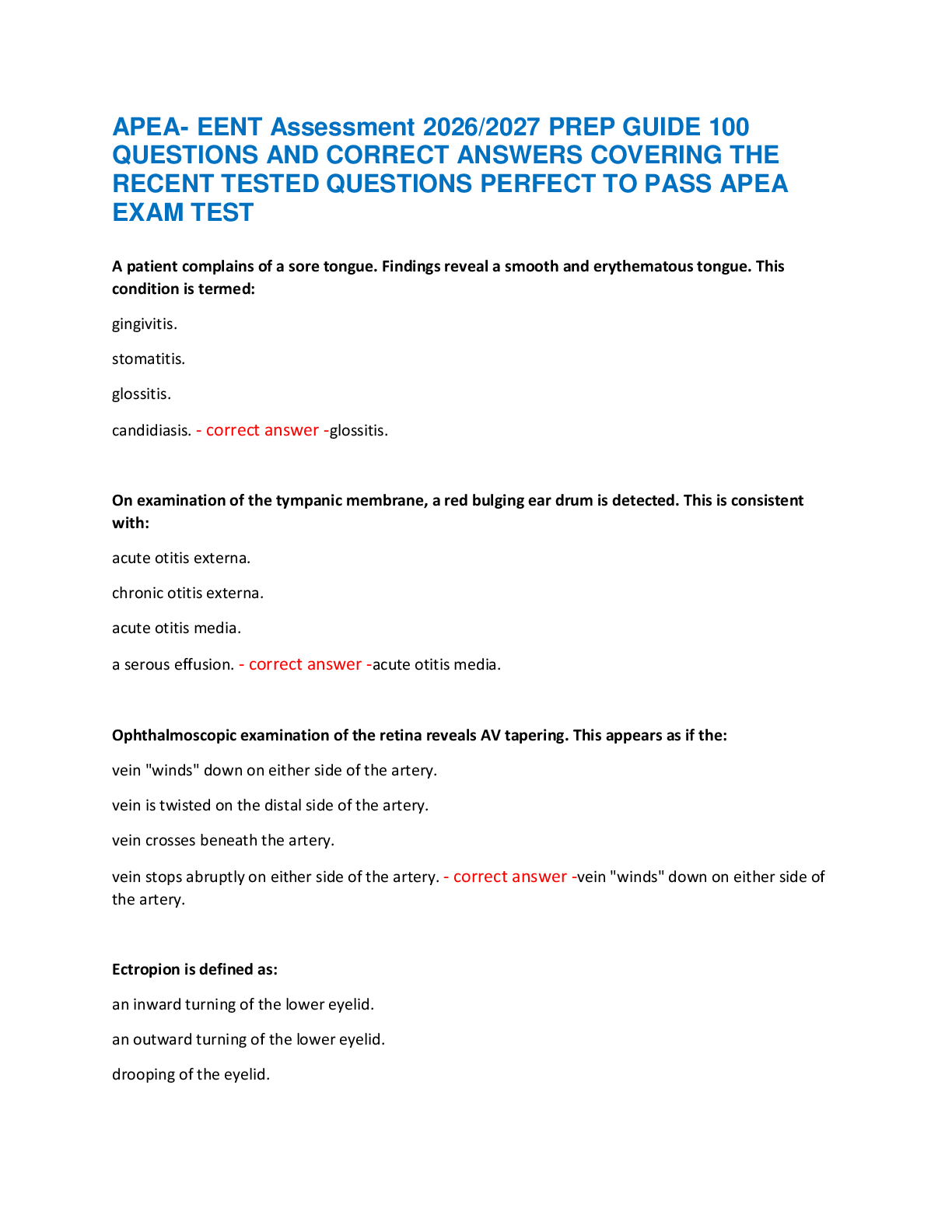 Recommended document preview for APEA- EENT Assessment 2026/2027 PREP GUIDE 100  QUESTIONS AND CORRECT ANSWERS COVERING THE  RECENT TESTED QUESTIONS PERFECT TO PASS APEA  EXAM TEST