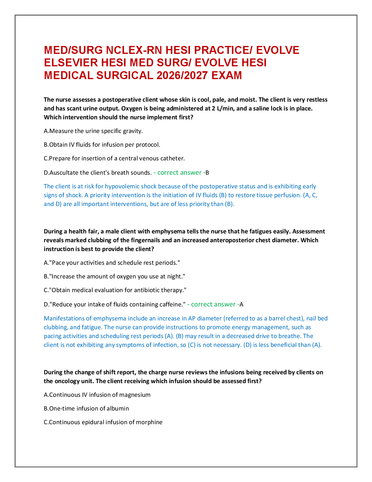 MED/SURG NCLEX-RN HESI PRACTICE/ EVOLVE  ELSEVIER HESI MED SURG/ EVOLVE HESI  MEDICAL SURGICAL 2026/2027 EXAM
