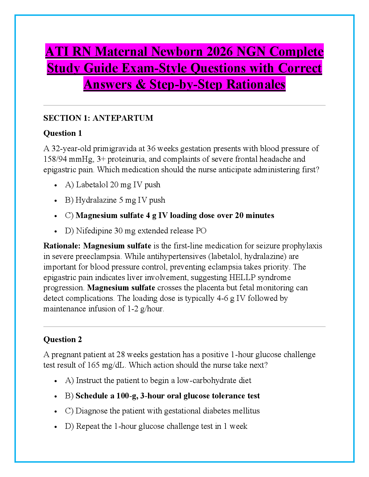 Preview image for ATI RN Maternal Newborn 2026 NGN Complete Study Guide Exam-Style Questions with Correct Answers & Step-by-Step Rationales.