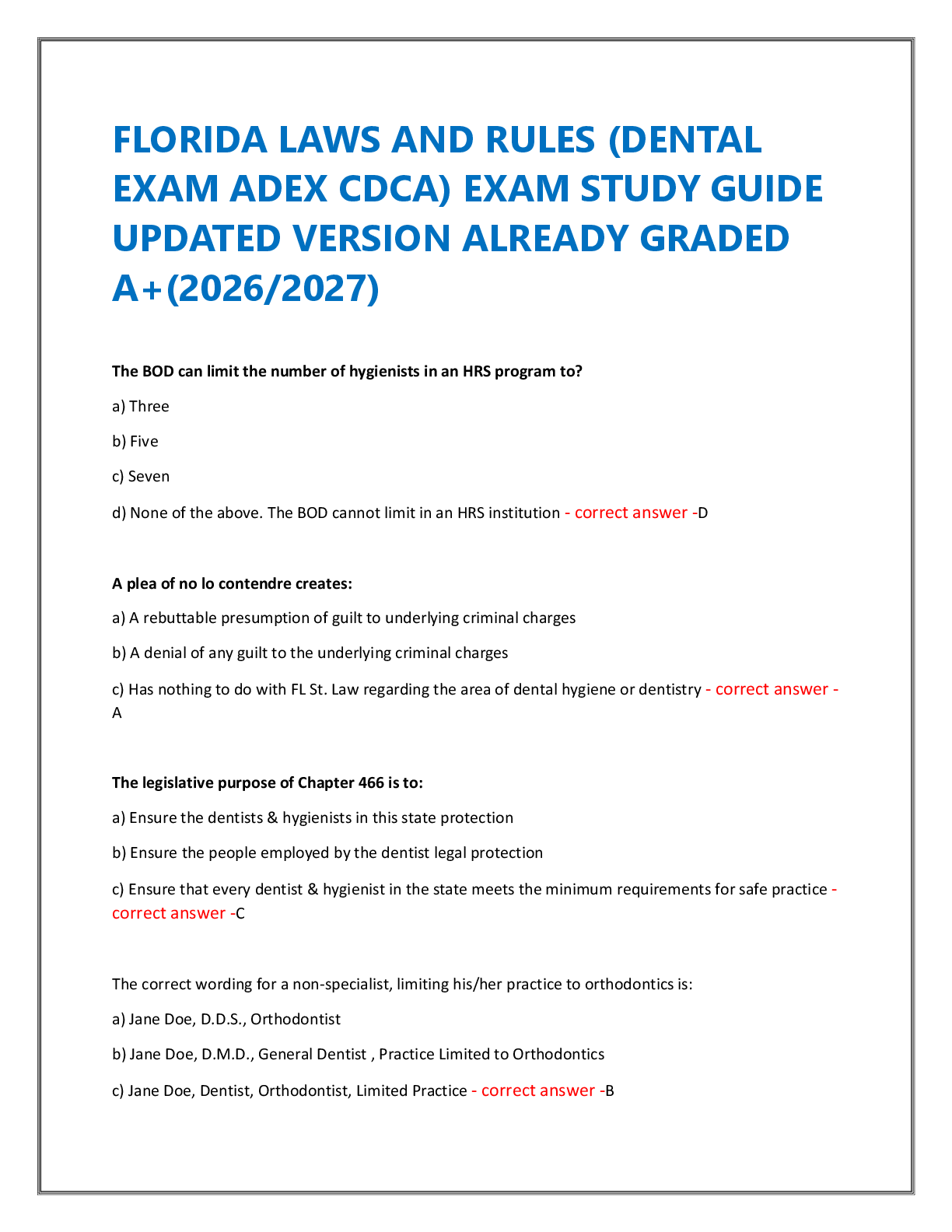Recommended document preview for FLORIDA LAWS AND RULES (DENTAL  EXAM ADEX CDCA) EXAM STUDY GUIDE  UPDATED VERSION ALREADY GRADED  A+(2026/2027)