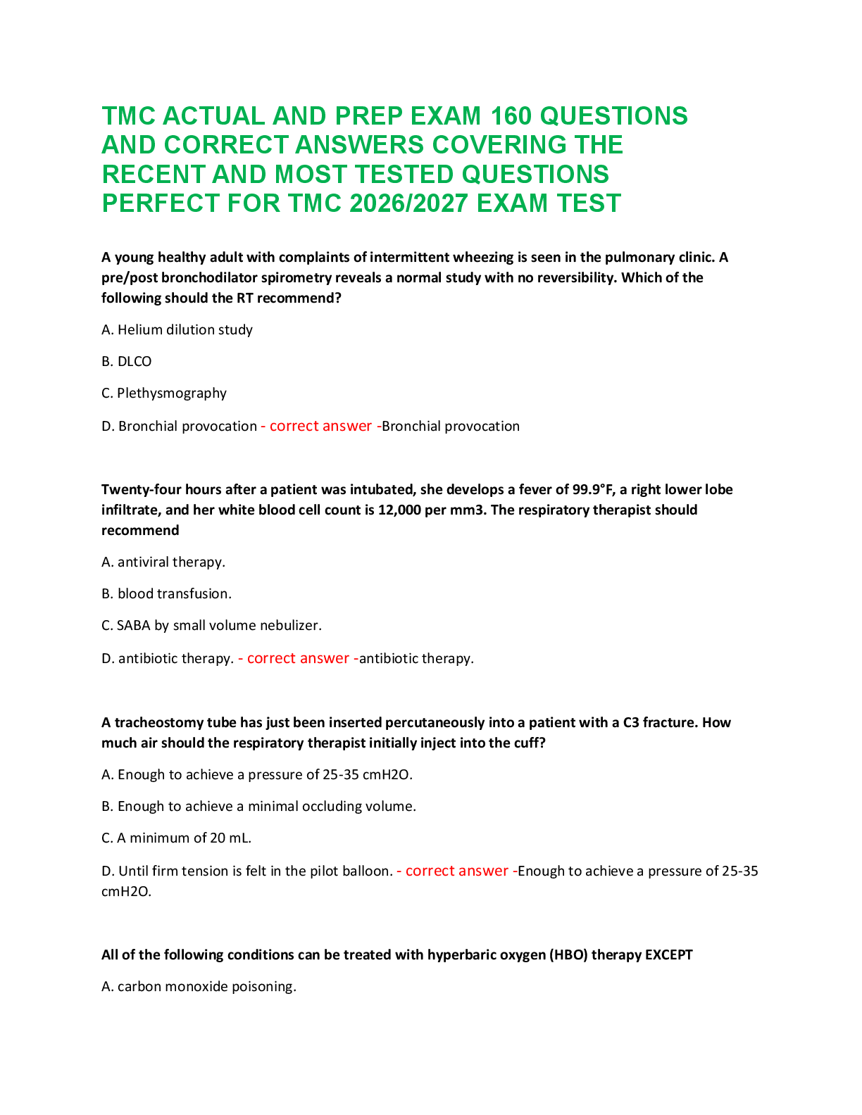 Preview of TMC ACTUAL AND PREP EXAM 160 QUESTIONS  AND CORRECT ANSWERS COVERING THE  RECENT AND MOST