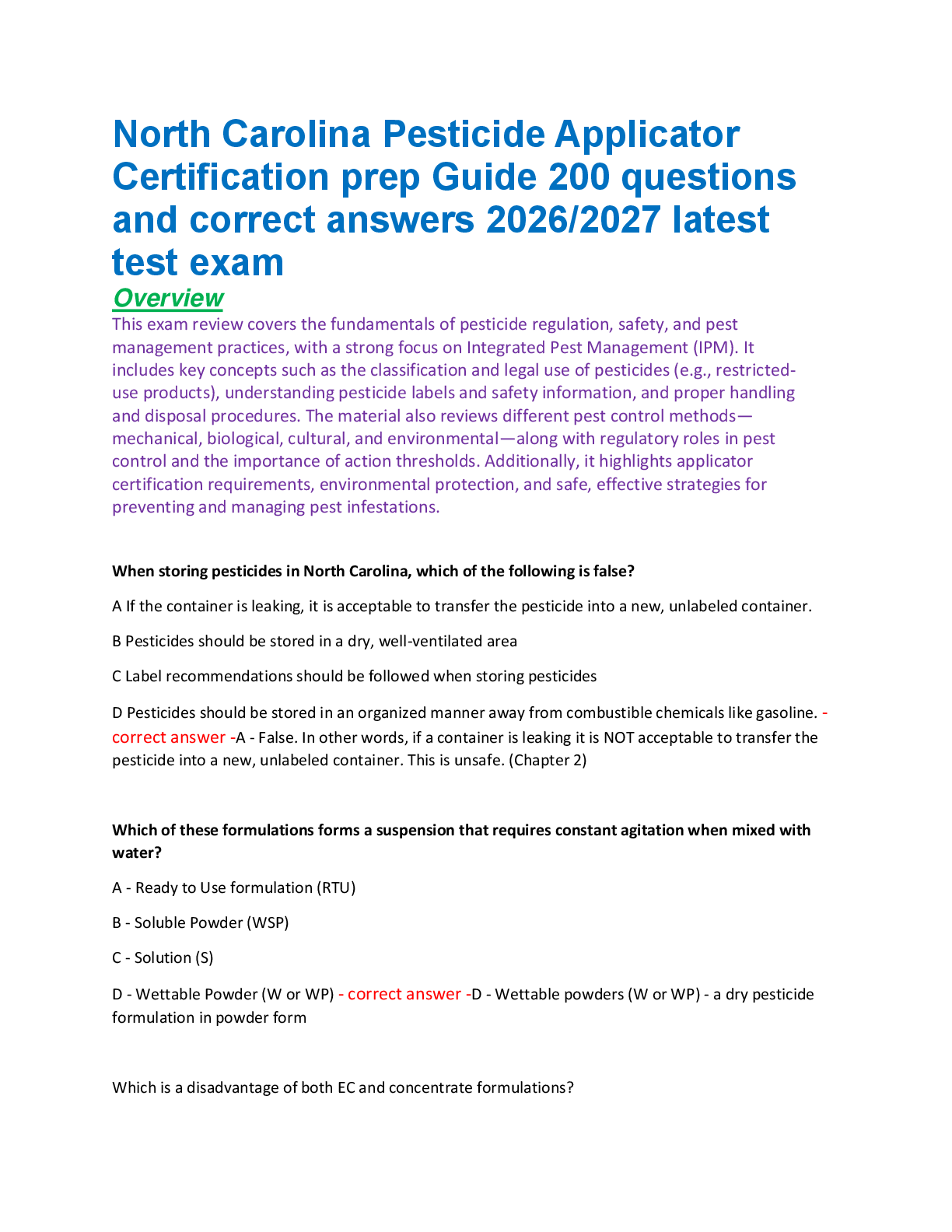 Recommended document preview for North Carolina Pesticide Applicator  Certification prep Guide 200 questions  and correct answers 2026/2027 latest  test exam