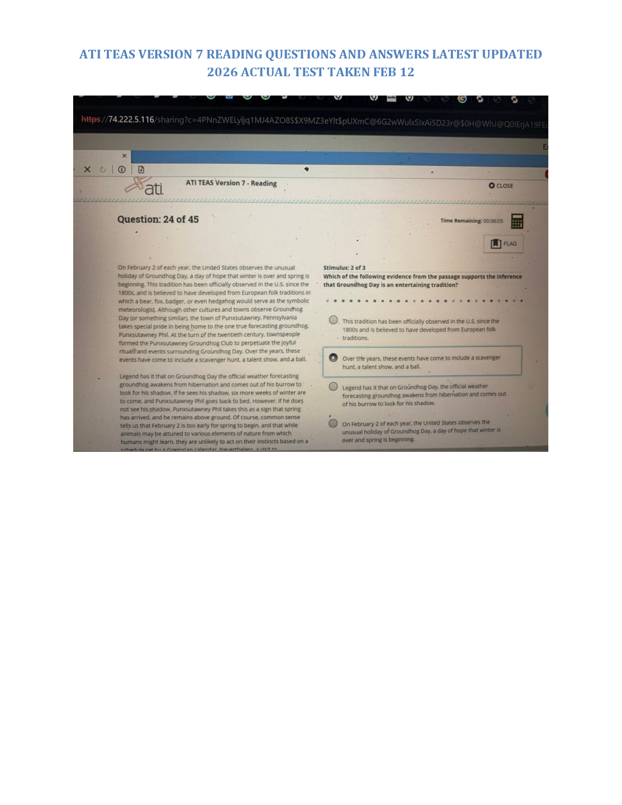 ATI TEAS VERSION 7 READING QUESTIONS AND ANSWERS LATEST UPDATED  2026 ACTUAL TEST TAKEN FEB 12