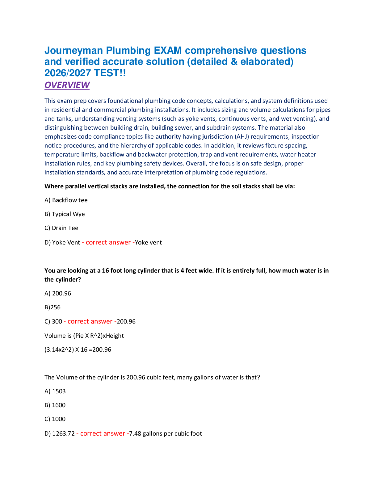 Recommended document preview for Journeyman Plumbing EXAM comprehensive questions  and verified accurate solution (detailed & elaborated)  2026/2027 TEST!!