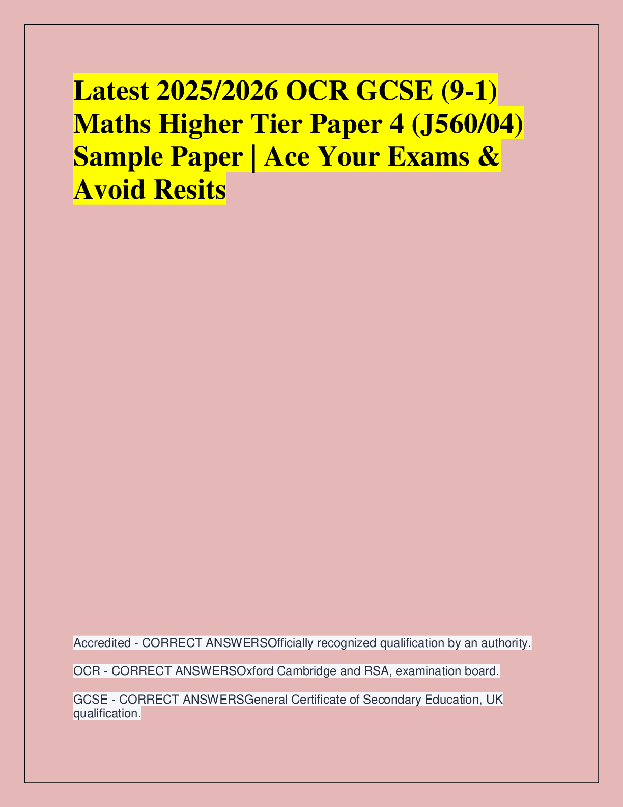 Preview of Latest 2025/2026 OCR GCSE (9-1)  Maths Higher Tier Paper 4 (J560/04)  Sample Paper | Ace Y