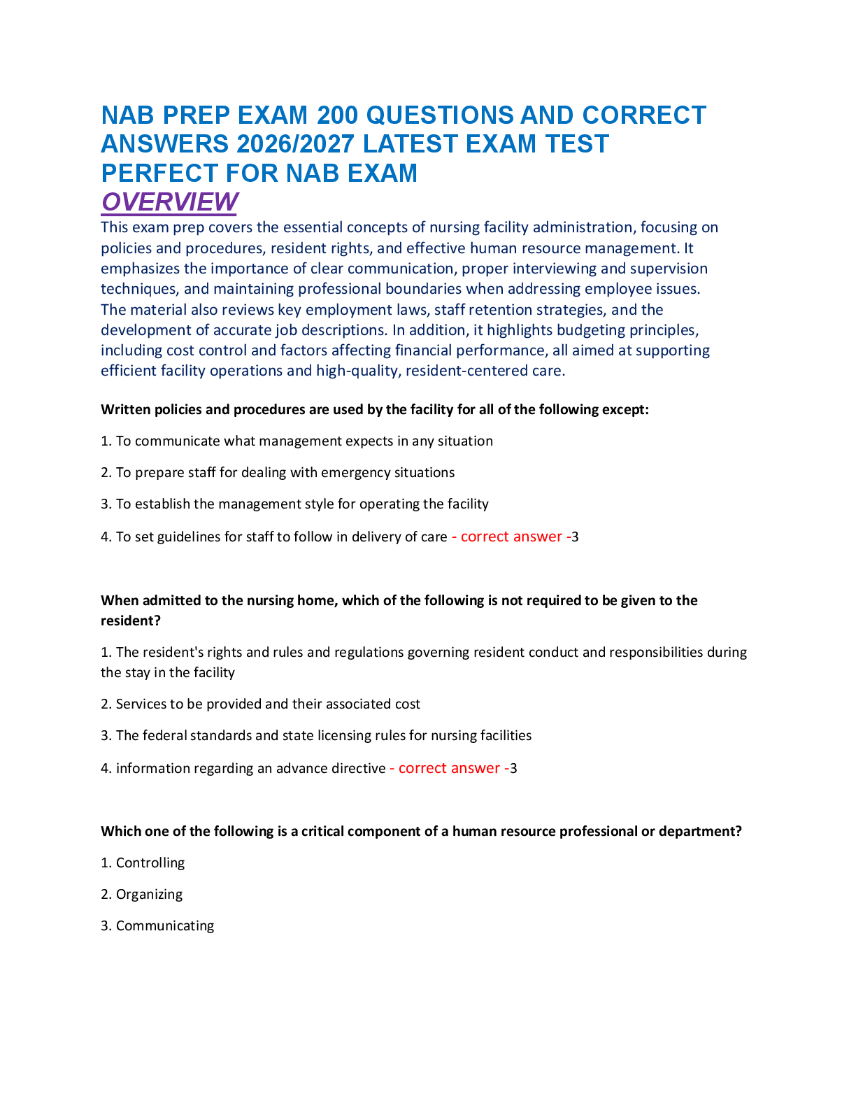 Recommended document preview for NAB PREP EXAM 200 QUESTIONS AND CORRECT  ANSWERS 2026/2027 LATEST EXAM TEST  PERFECT FOR NAB EXAM