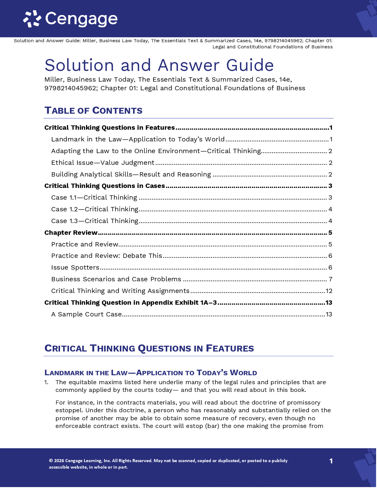 Solutions Manual For Business Law Today The Essentials Text and Summarized Cases 14th Edition By Roger LeRoy Miller