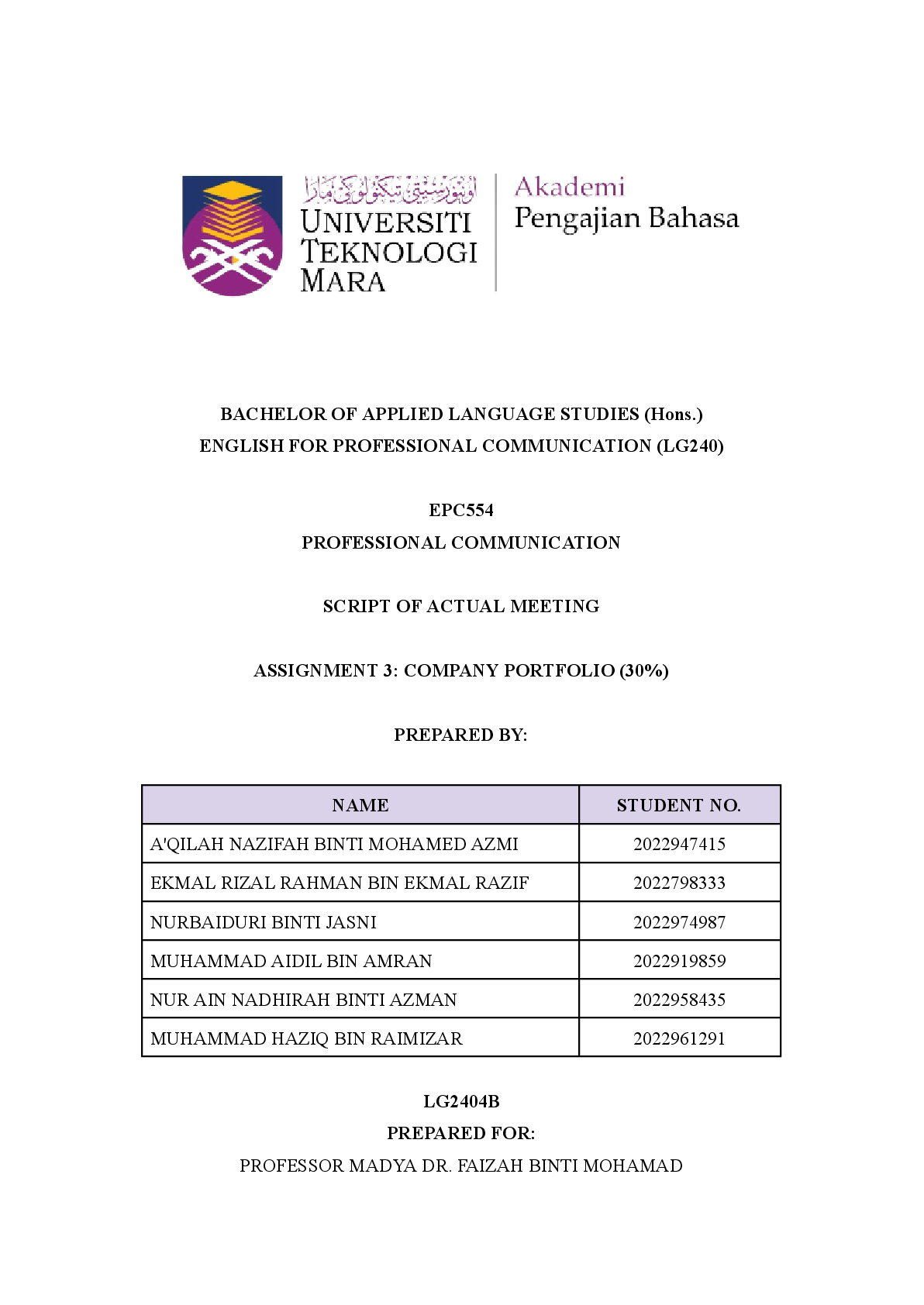 Preview of EPC554  PROFESSIONAL COMMUNICATION  SCRIPT OF ACTUAL MEETING  ASSIGNMENT 3: COMPANY PORTFOLIO (30%)