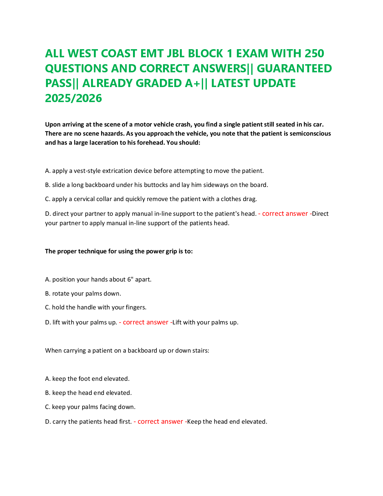 Recommended document preview for ALL WEST COAST EMT JBL BLOCK 1 EXAM WITH 250  QUESTIONS AND CORRECT ANSWERS|| GUARANTEED  PASS|| ALREADY GRADED A+|| LATEST UPDATE  2025/2026