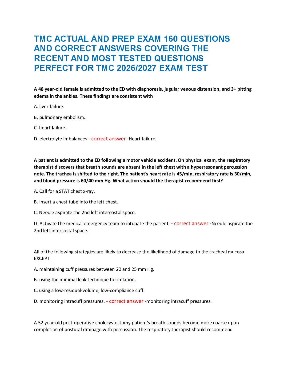 Preview of TMC ACTUAL AND PREP EXAM 160 QUESTIONS  AND CORRECT ANSWERS COVERING THE  RECENT AND MOST