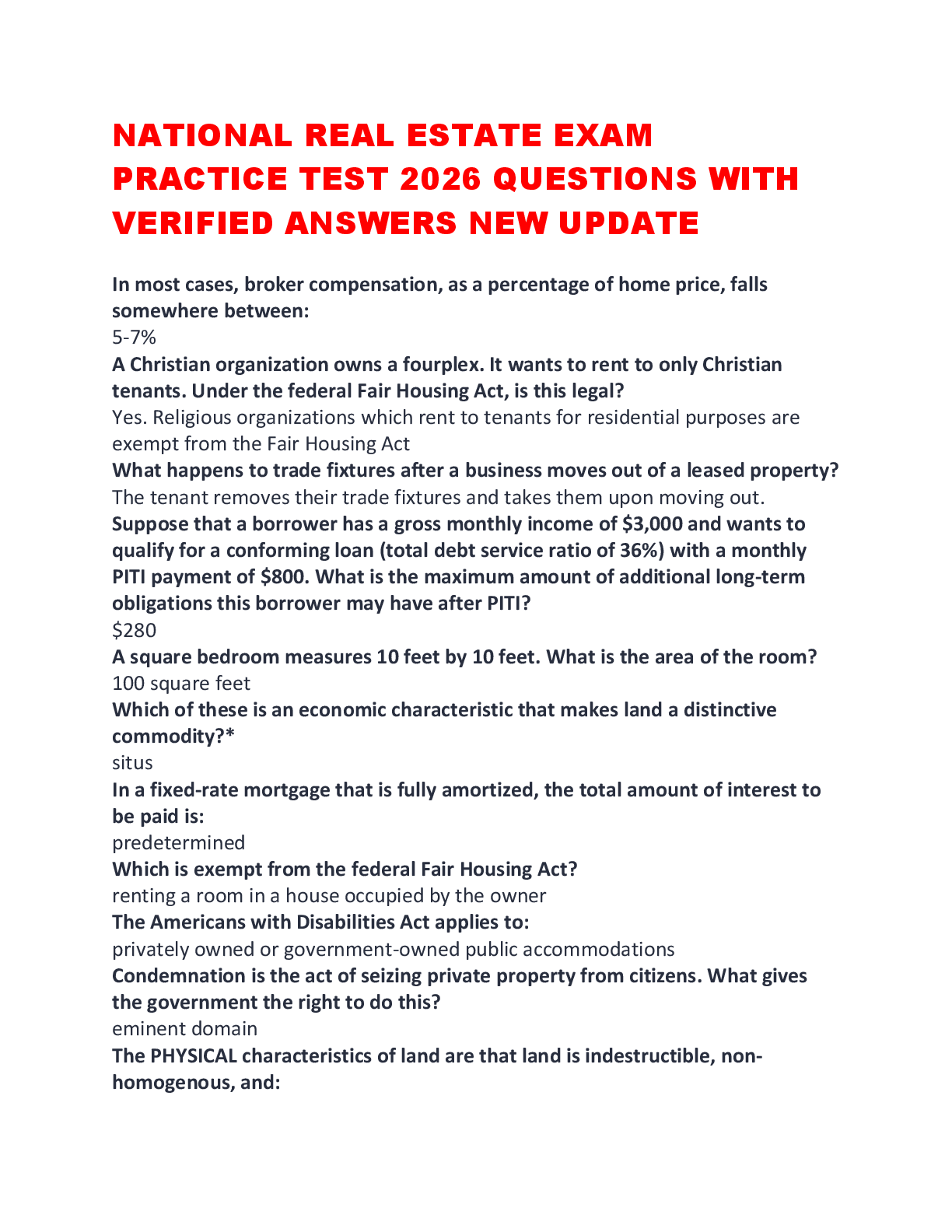 Recommended document preview for NATIONAL REAL ESTATE EXAM PRACTICE TEST 2026 QUESTIONS WITH VERIFIED ANSWERS NEW UPDATE
