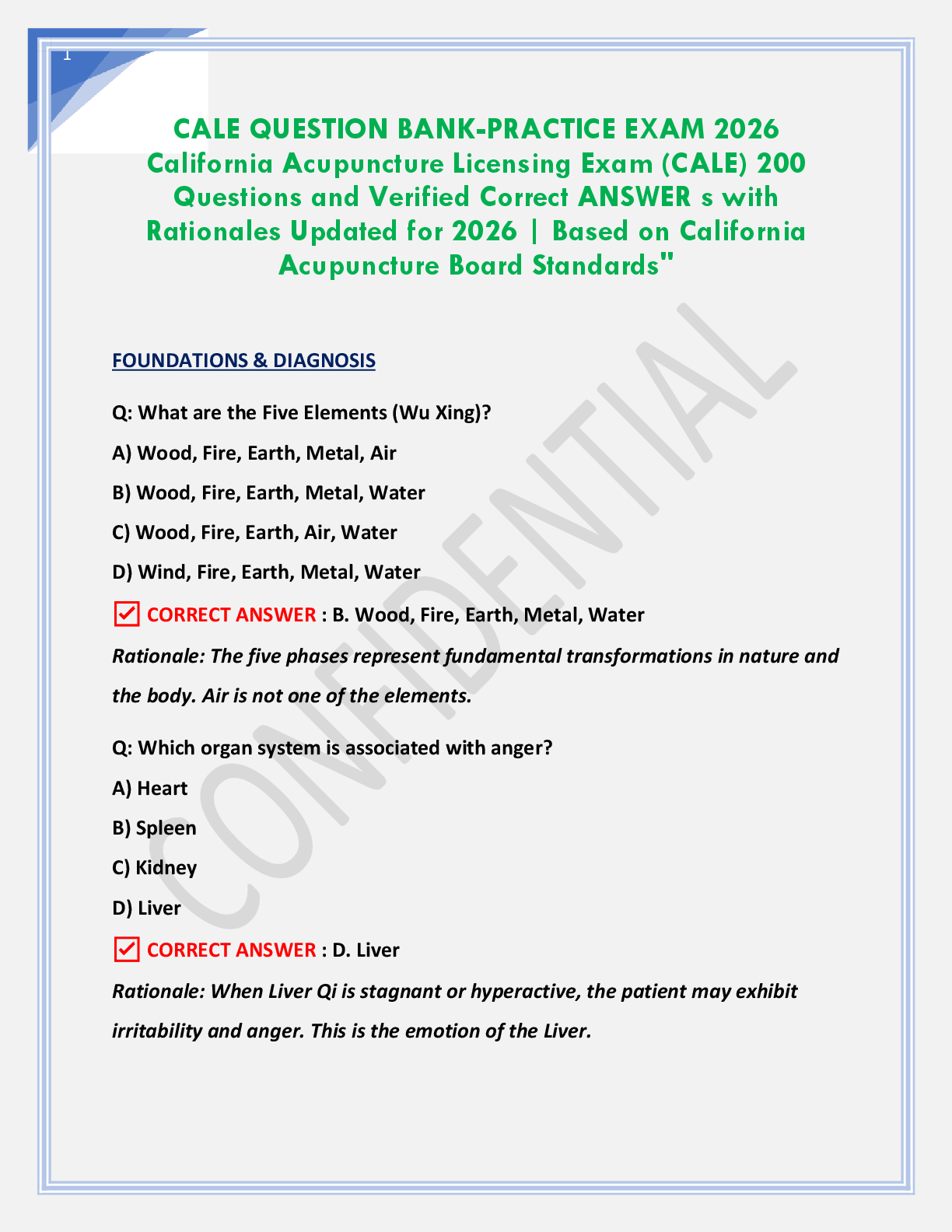 Preview of CALE QUESTION BANK-PRACTICE EXAM 2026  California Acupuncture Licensing Exam (CALE) 200  Questions and Verified Correct ANSWER s with  Rationales Updated for 2026 | Based on California  Acupuncture Board Standards