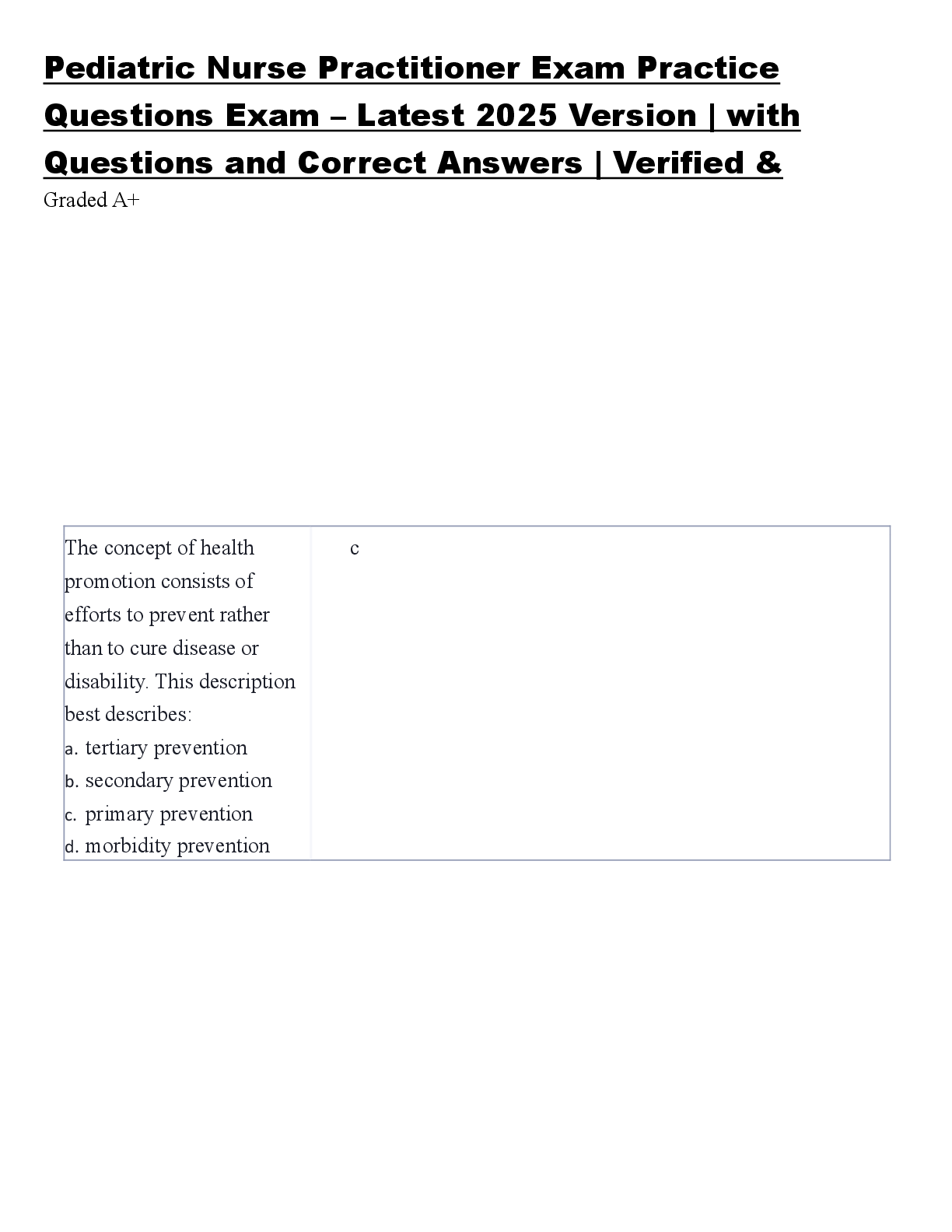 Preview image for Pediatric Nurse Practitioner Exam Practice  Questions Exam – Latest 2025 Version | with  Questions and Correct Answers | Verified &  Graded A+