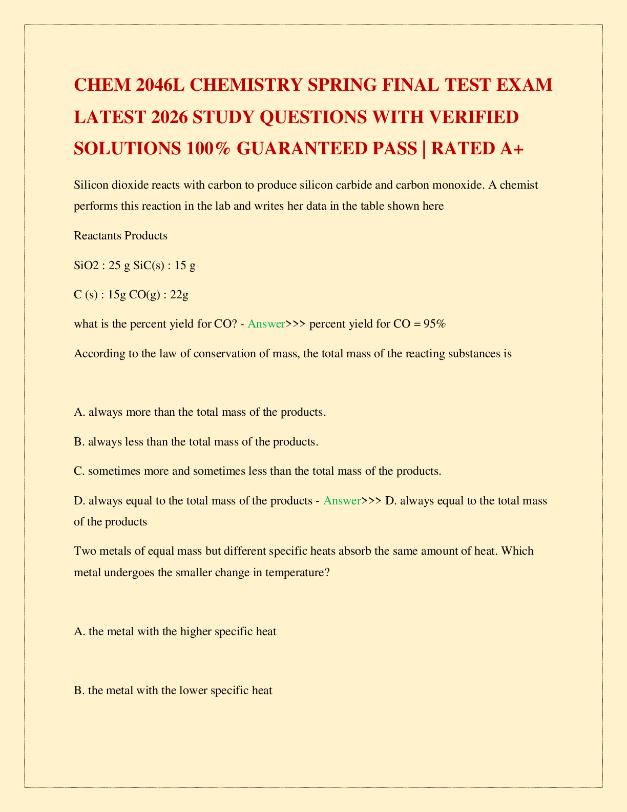 Recommended document preview for CHEM 2046L CHEMISTRY SPRING FINAL TEST EXAM LATEST 2026 STUDY QUESTIONS WITH VERIFIED SOLUTIONS 100% GUARANTEED PASS | RATED A+