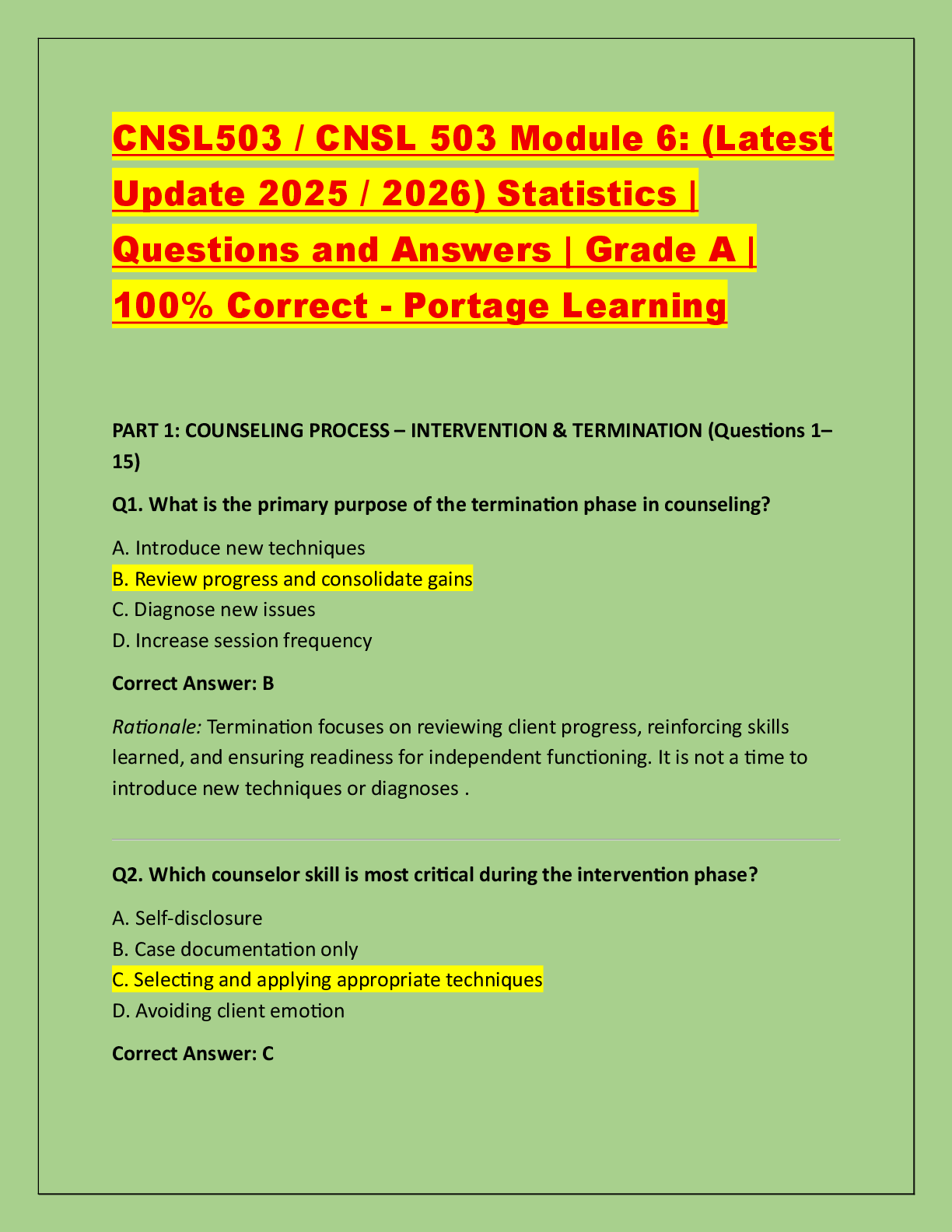 Preview of CNSL503 / CNSL 503 Module 6: (Latest  Update 2025 / 2026) Statistics |  Questions and Answ