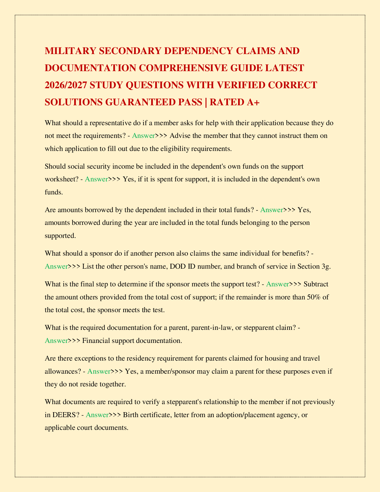 Recommended document preview for MILITARY SECONDARY DEPENDENCY CLAIMS AND DOCUMENTATION COMPREHENSIVE GUIDE LATEST 2026/2027 STUDY QUESTIONS WITH VERIFIED CORRECT SOLUTIONS GUARANTEED PASS | RATED A+