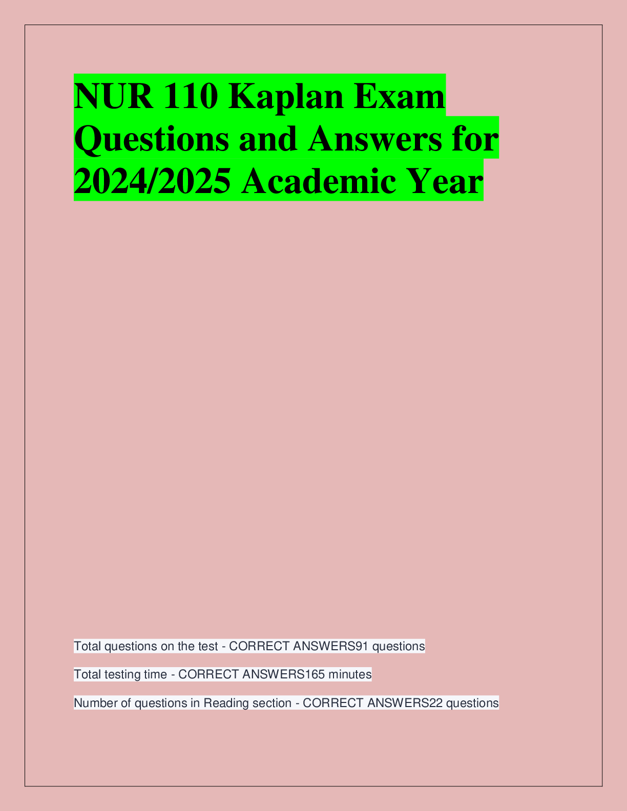 Preview of NUR 110 Kaplan Exam  Questions and Answers for  2024/2025 Academic Year