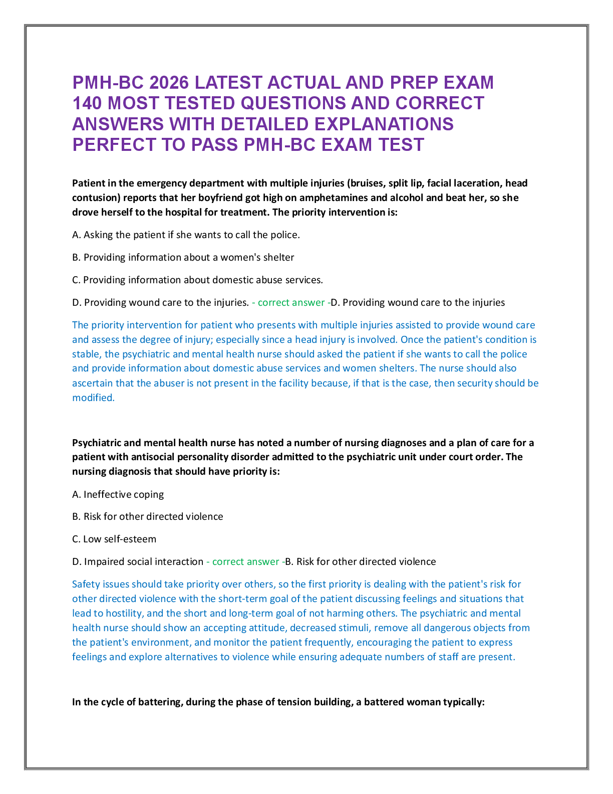 Recommended document preview for PMH-BC 2026 LATEST ACTUAL AND PREP EXAM  140 MOST TESTED QUESTIONS AND CORRECT  ANSWERS WITH DETAILED EXPLANATIONS  PERFECT TO PASS PMH-BC EXAM TEST