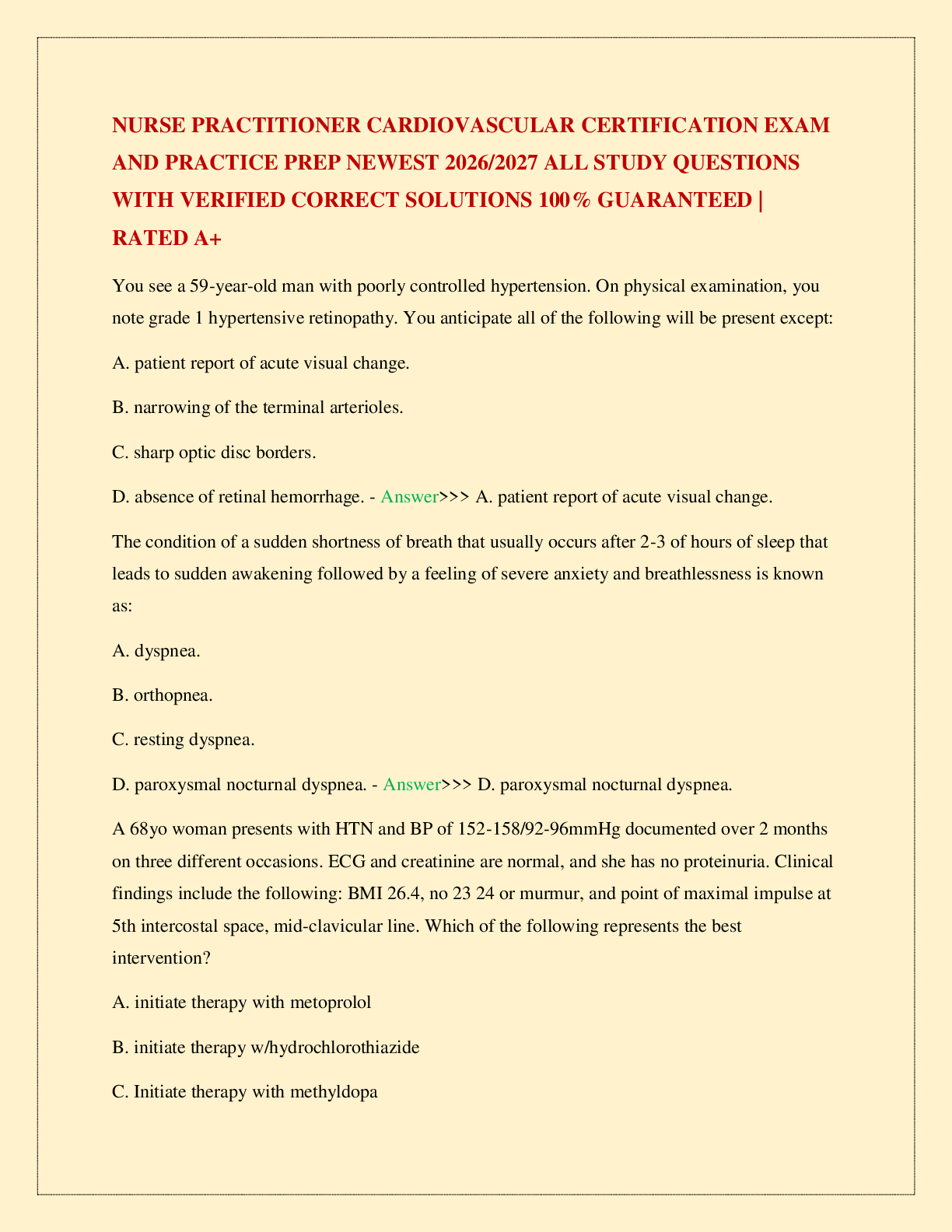 Recommended document preview for NURSE PRACTITIONER CARDIOVASCULAR CERTIFICATION EXAM AND PRACTICE PREP NEWEST 2026/2027 ALL STUDY QUESTIONS WITH VERIFIED CORRECT SOLUTIONS 100% GUARANTEED | RATED A+