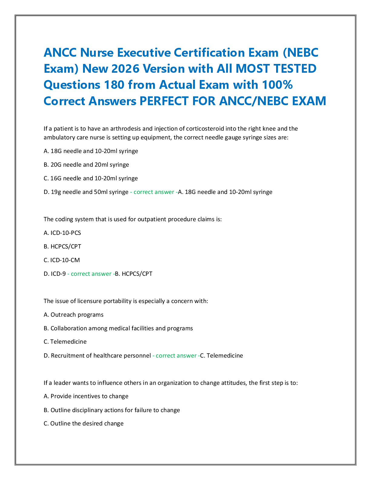 Recommended document preview for ANCC Nurse Executive Certification Exam (NEBC  Exam) New 2026 Version with All MOST TESTED   Questions 180 from Actual Exam with 100%  Correct Answers PERFECT FOR ANCC/NEBC EXAM