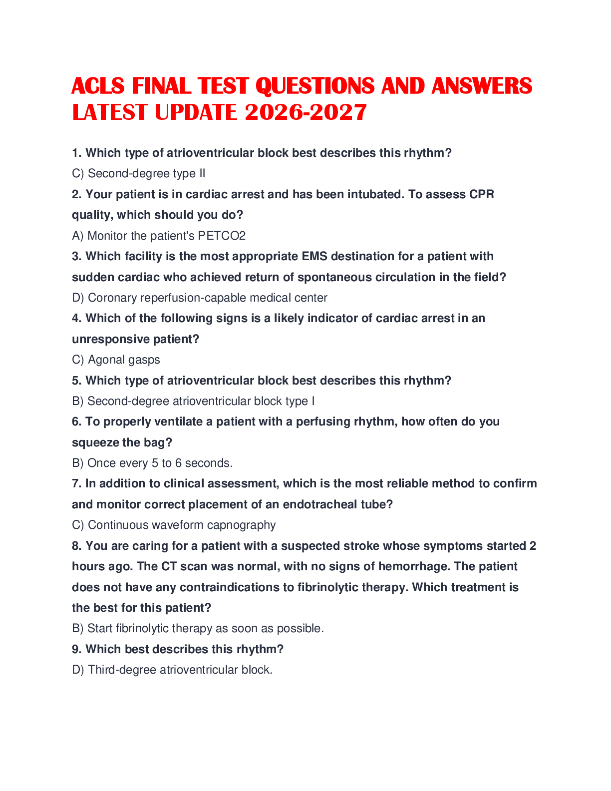 Preview of ACLS FINAL TEST QUESTIONS AND ANSWERS LATEST UPDATE 2026-2027