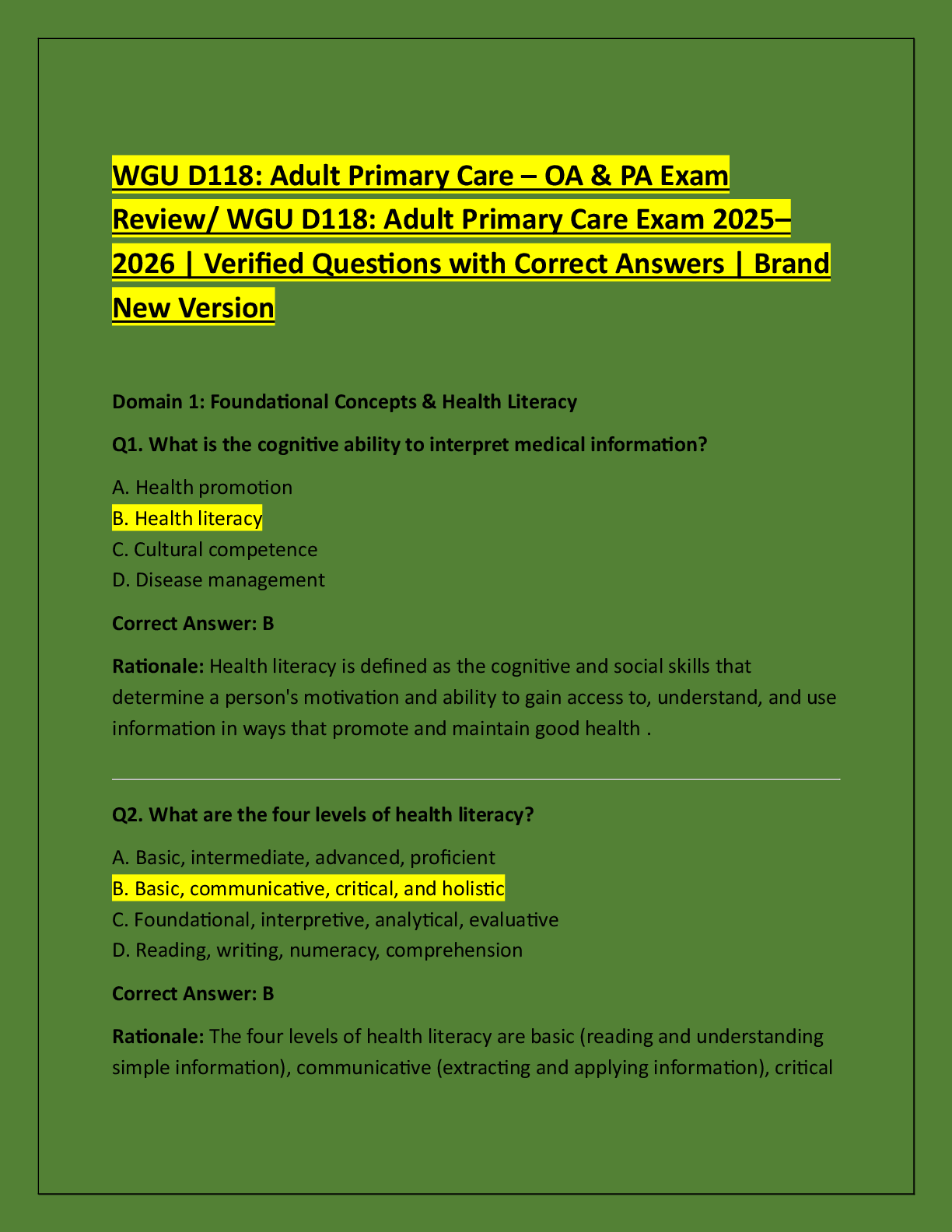 Preview of WGU D118: Adult Primary Care – OA & PA Exam  Review/ WGU D118: Adult Primary Care Exam 202