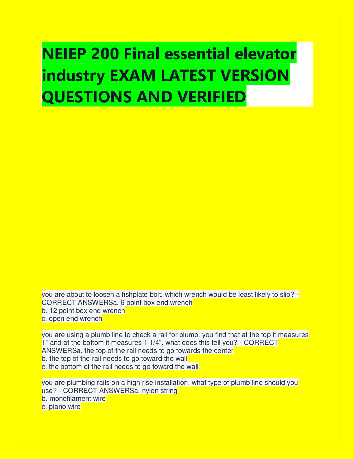 Preview of NEIEP 200 Final essential elevator  industry EXAM LATEST VERSION  QUESTIONS AND VERIFIED