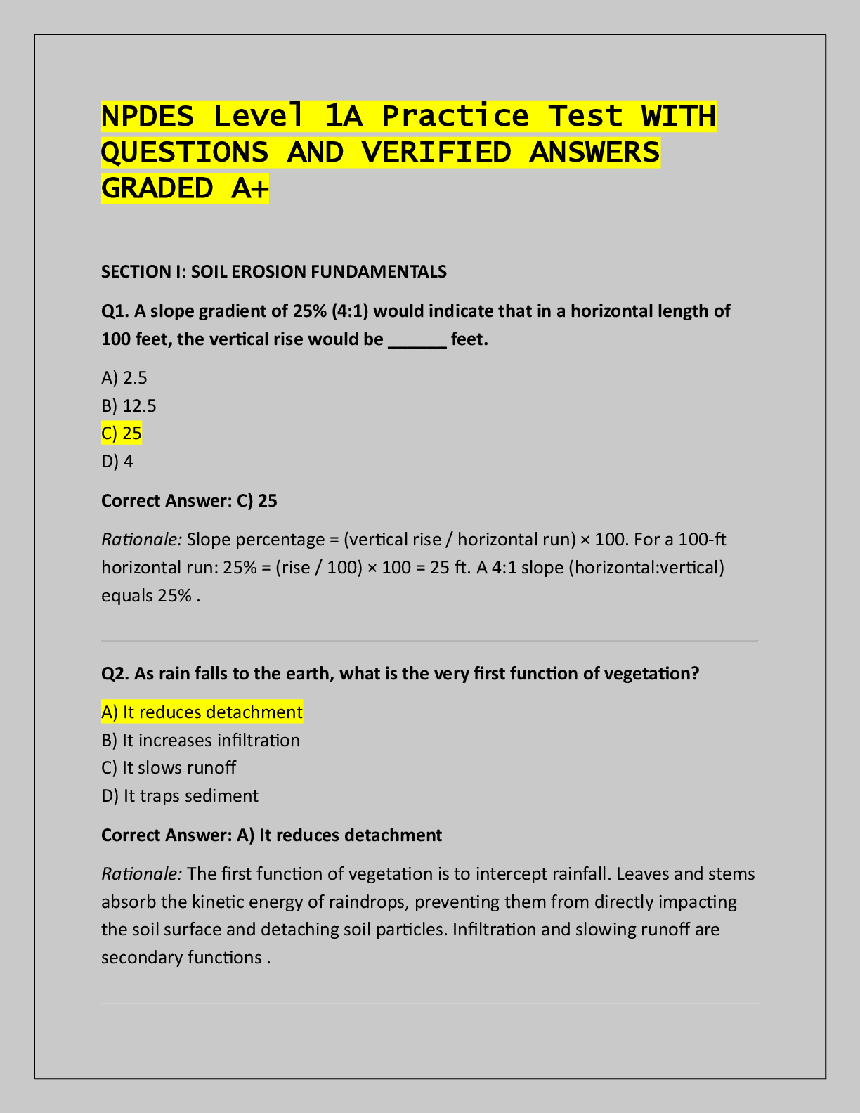 Preview of NPDES Level 1A Practice Test WITH  QUESTIONS AND VERIFIED ANSWERS  GRADED A+