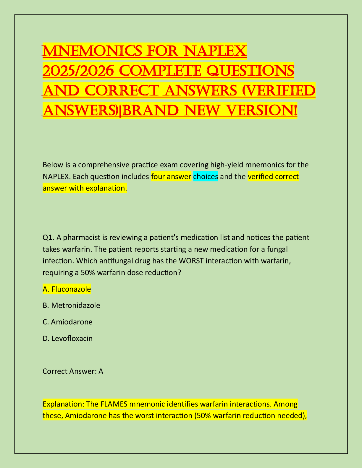 Preview of MneMonics for nAPLeX  2025/2026 coMPLete Questions  And correct Answers (Verified  Answers