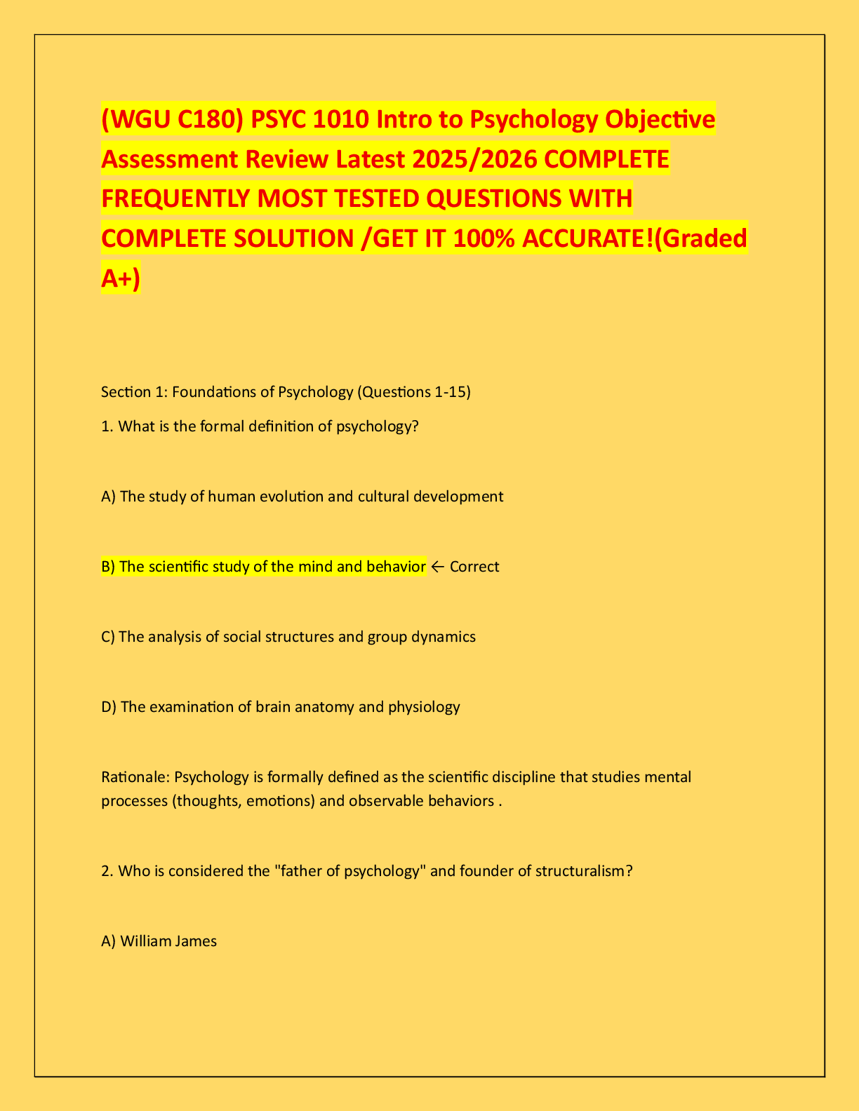 Recommended document preview for (WGU C180) PSYC 1010 Intro to Psychology Objective  Assessment Review Latest 2025/2026 COMPLETE  FREQUENTLY MOST TESTED QUESTIONS WITH  COMPLETE SOLUTION /GET IT 100% ACCURATE!(Graded  A+)