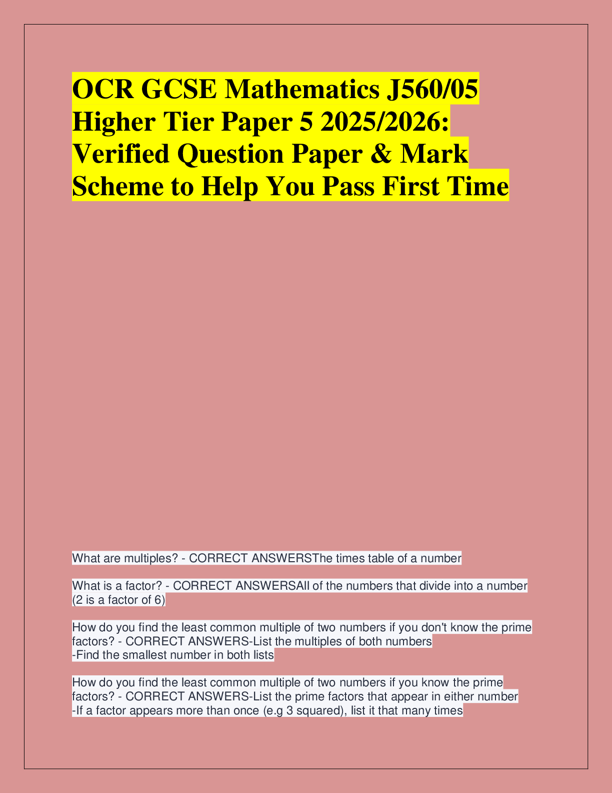 Preview of OCR GCSE Mathematics J560/05  Higher Tier Paper 5 2025/2026:  Verified Question Paper & Ma