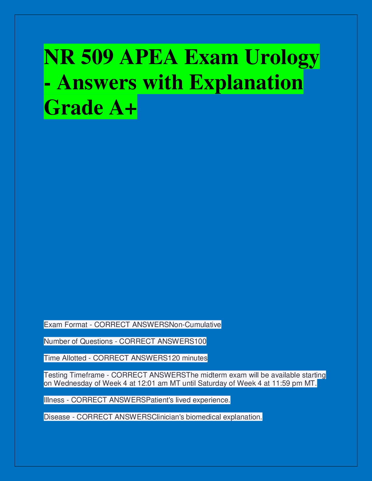 Preview of NR 509 APEA Exam Urology  - Answers with Explanation  Grade A+