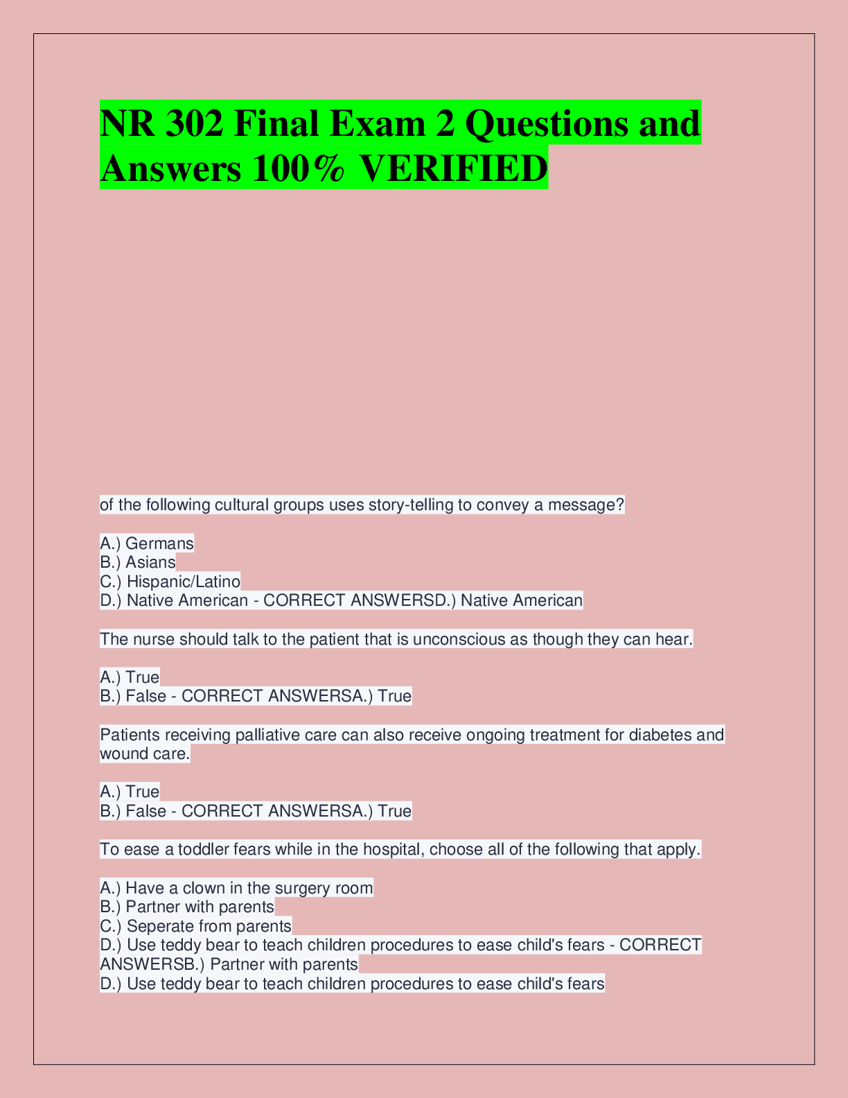 Recommended document preview for NR 302 Final Exam 2 Questions and  Answers 100% VERIFIED