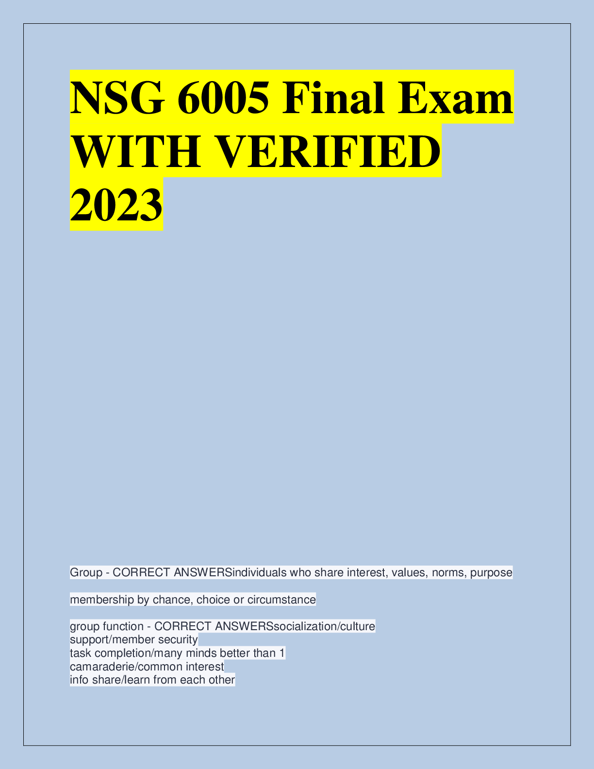 Preview of NSG 6005 Final Exam  WITH VERIFIED  2023