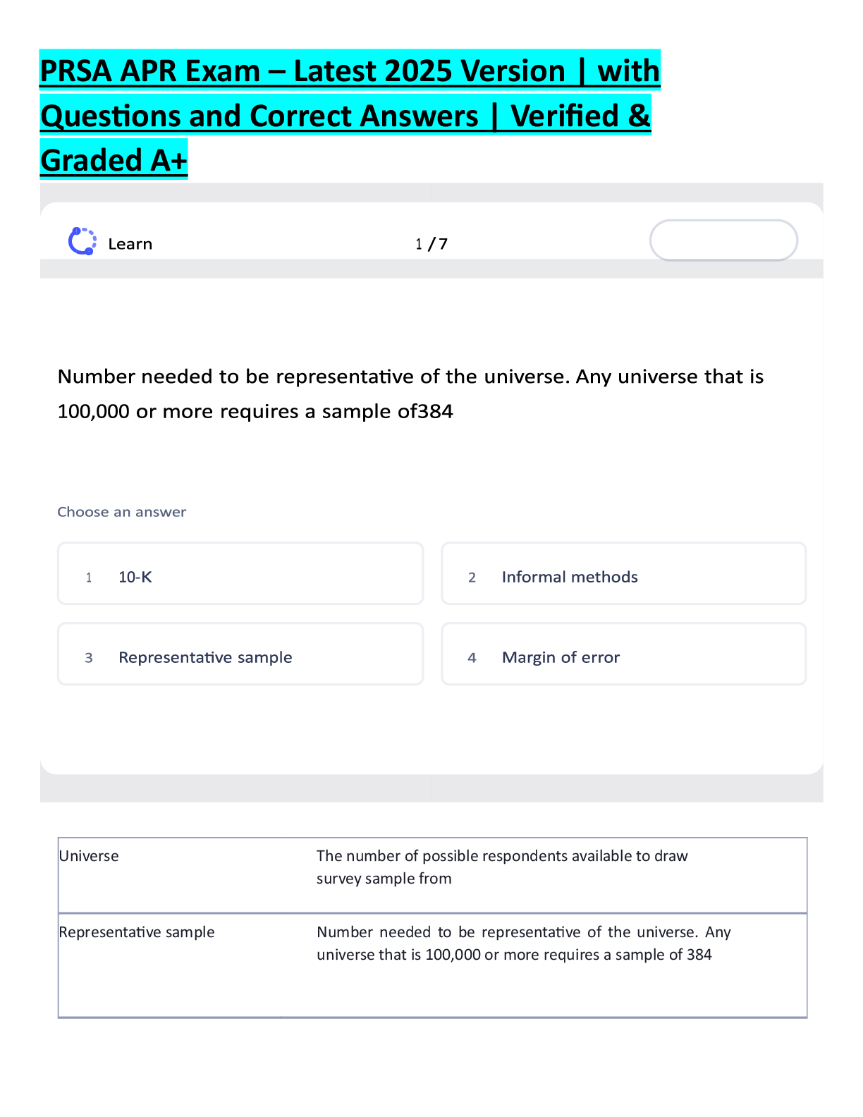 Recommended document preview for PRSA APR Exam – Latest 2025 Version | with  Questions and Correct Answers | Verified &  Graded A+
