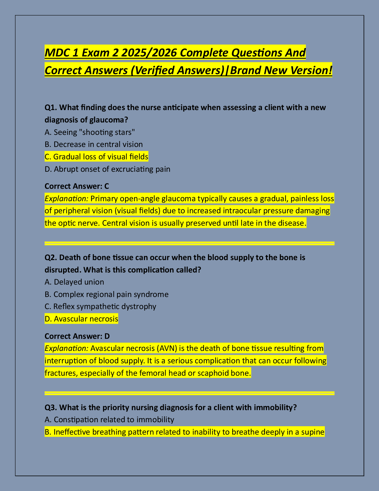 Preview of MDC 1 Exam 2 2025/2026 Complete Questions And  Correct Answers (Verified Answers)|Brand Ne