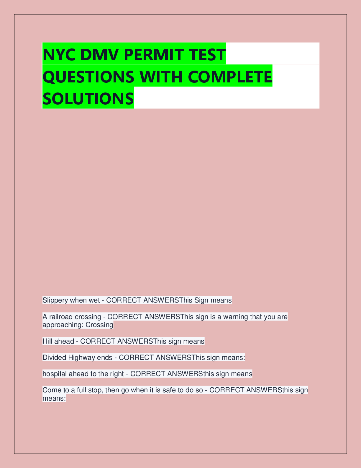 Preview of NYC DMV PERMIT TEST  QUESTIONS WITH COMPLETE  SOLUTIONS