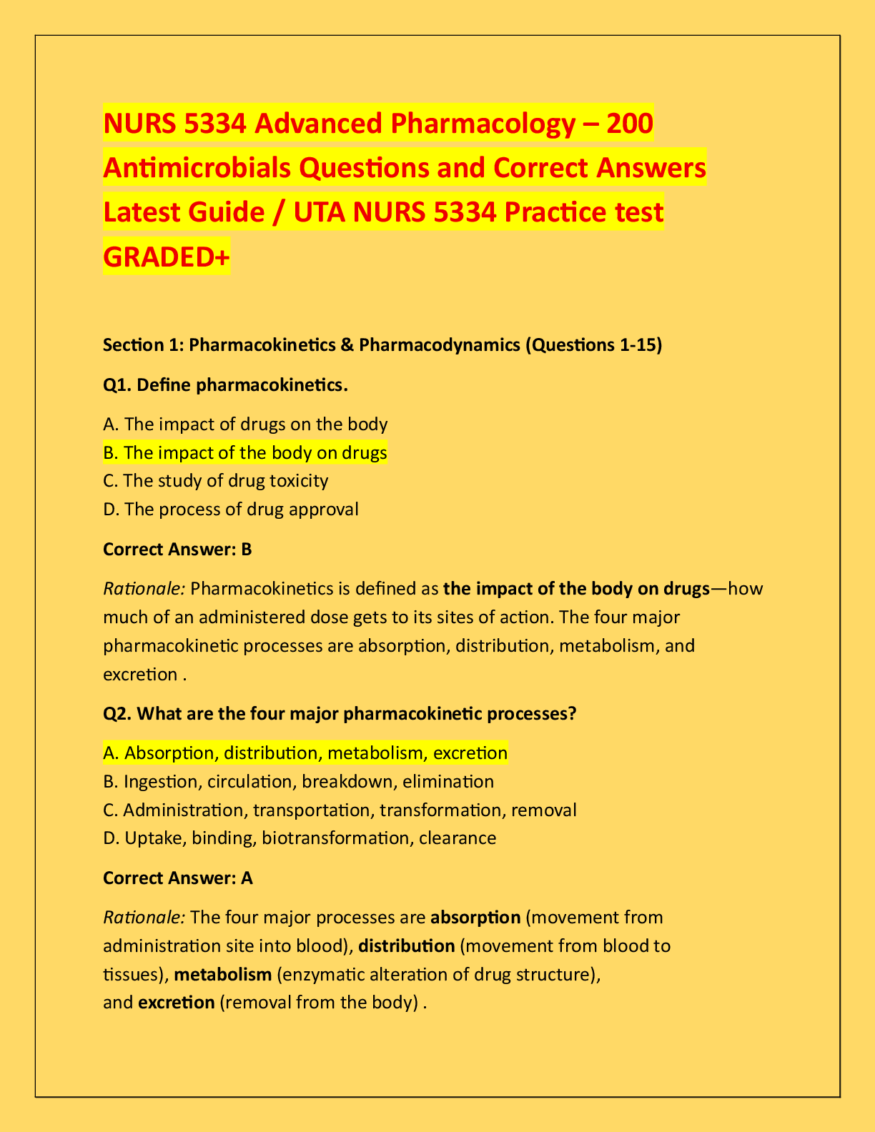 Preview of NURS 5334 Advanced Pharmacology – 200  Antimicrobials Questions and Correct Answers  Lates
