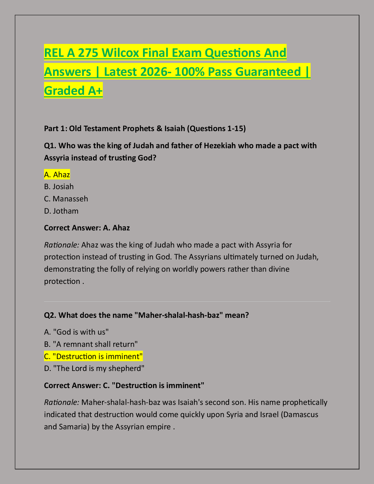 Recommended document preview for REL A 275 Wilcox Final Exam Questions And  Answers | Latest 2026- 100% Pass Guaranteed |  Graded A+