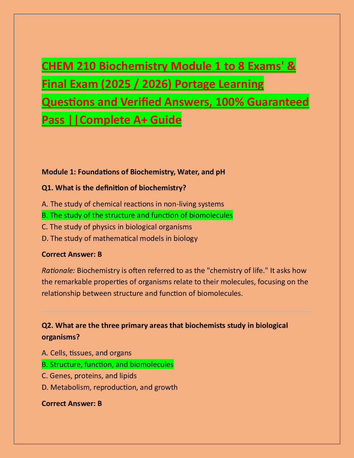 Preview of CHEM 210 Biochemistry Module 1 to 8 Exams' &  Final Exam (2025 / 2026) Portage Learning  Q
