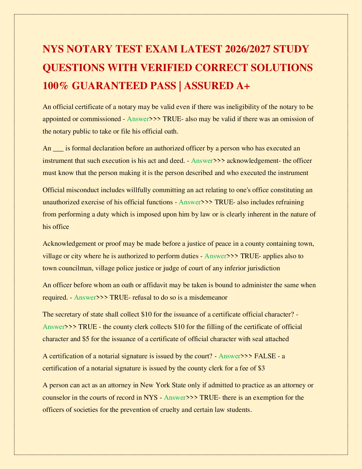 Recommended document preview for NYS NOTARY TEST EXAM LATEST 2026/2027 STUDY QUESTIONS WITH VERIFIED CORRECT SOLUTIONS 100% GUARANTEED PASS | ASSURED A+