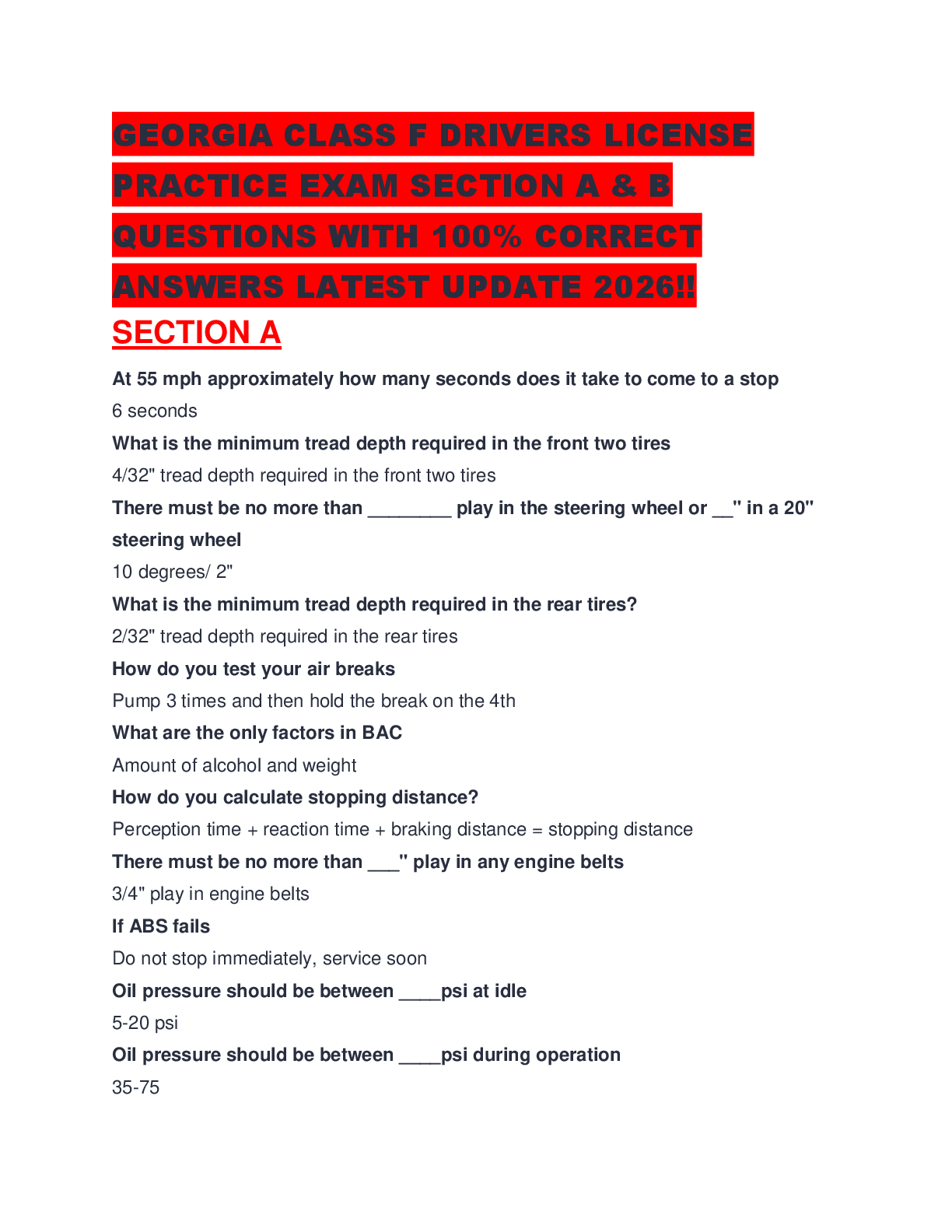 Preview of GEORGIA CLASS F DRIVERS LICENSE PRACTICE EXAM SECTION A & B QUESTIONS WITH 100% CORRECT ANSWERS LATEST UPDATE 2026!!