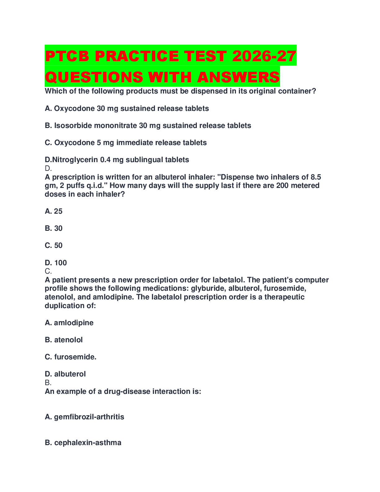 Preview image for PTCB PRACTICE TEST 2026-27 QUESTIONS WITH ANSWERS
