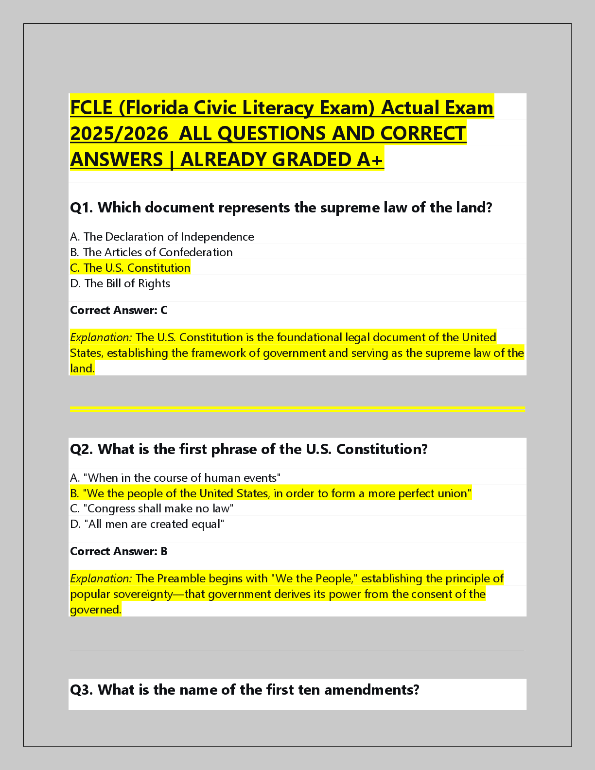 Preview of FCLE (Florida Civic Literacy Exam) Actual Exam  2025/2026  ALL QUESTIONS AND CORRECT  ANSW