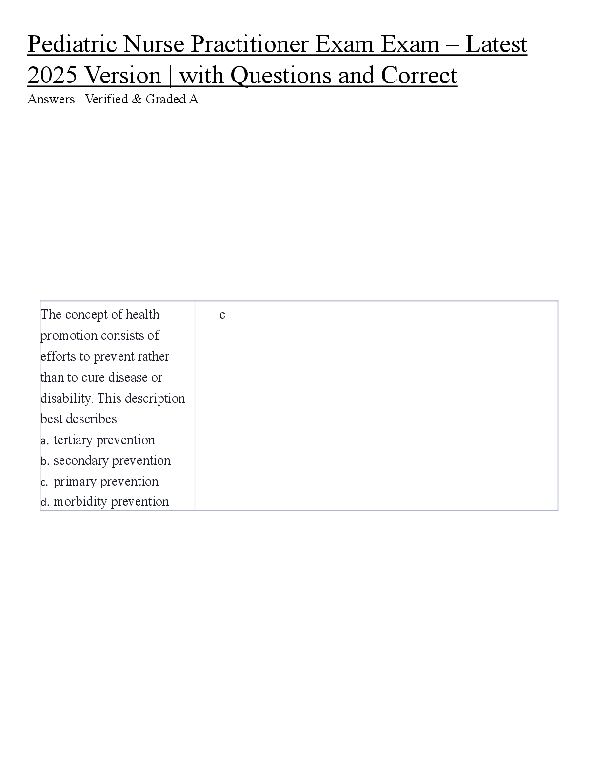 Preview image for Pediatric Nurse Practitioner Exam Exam – Latest  2025 Version | with Questions and Correct  Answers | Verified & Graded A+